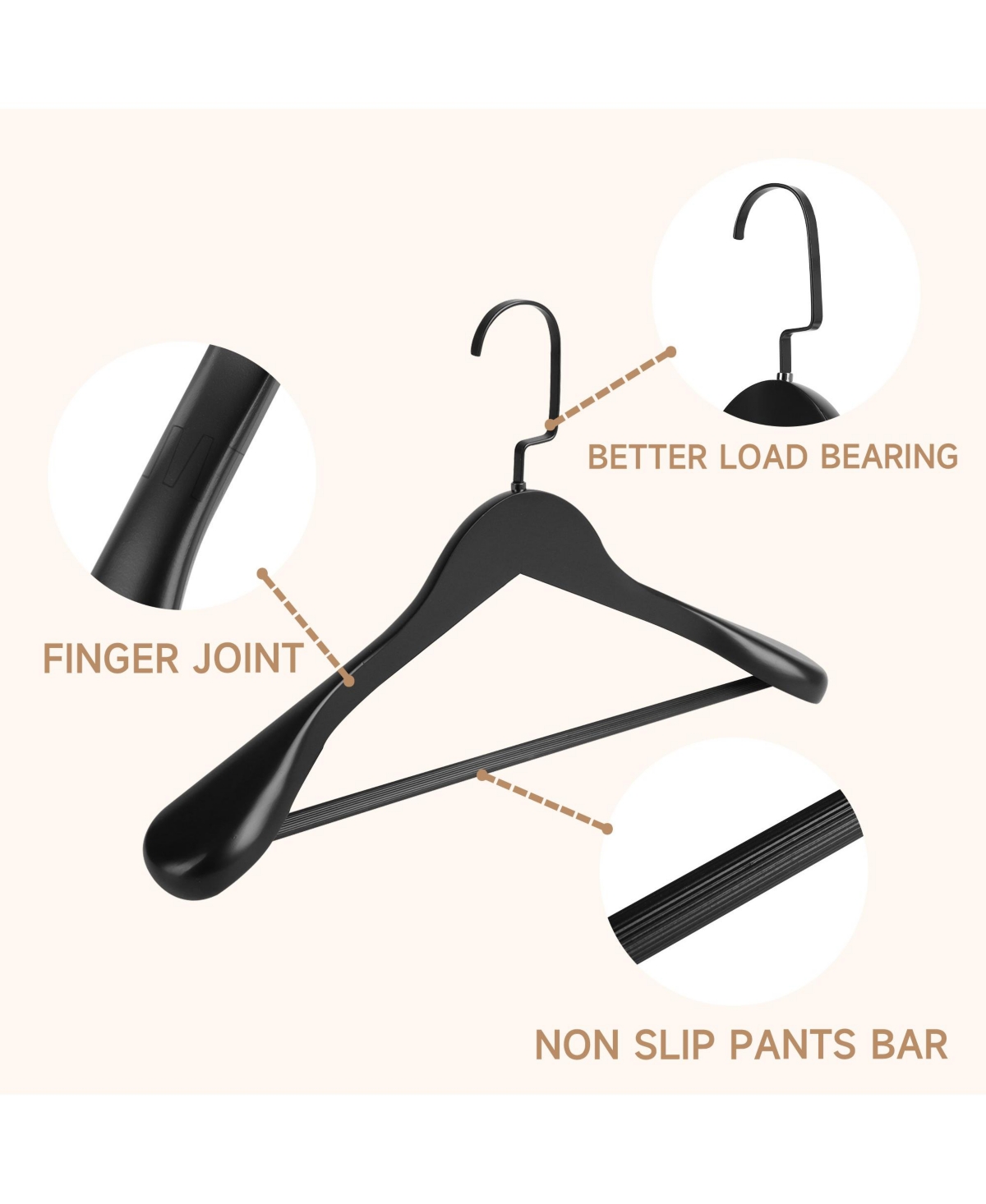 BP4U Wooden Suit Hangers with Pants Bar for Women's Clothes, 16-Inch Wide Shoulder Solid Wood Coat Jackets, Shirts, Trousers
