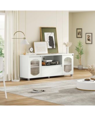 Modern TV Stand for 65 Inch TV, TV Cabinet with Fluted Glass Door and Open Shelve, White TV Entertainment Center with Storage