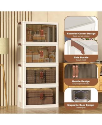 4-Tier Foldable Storage Cabinet, Plastic Organizer with Magnetic Doors & Wheels for Home Use, White