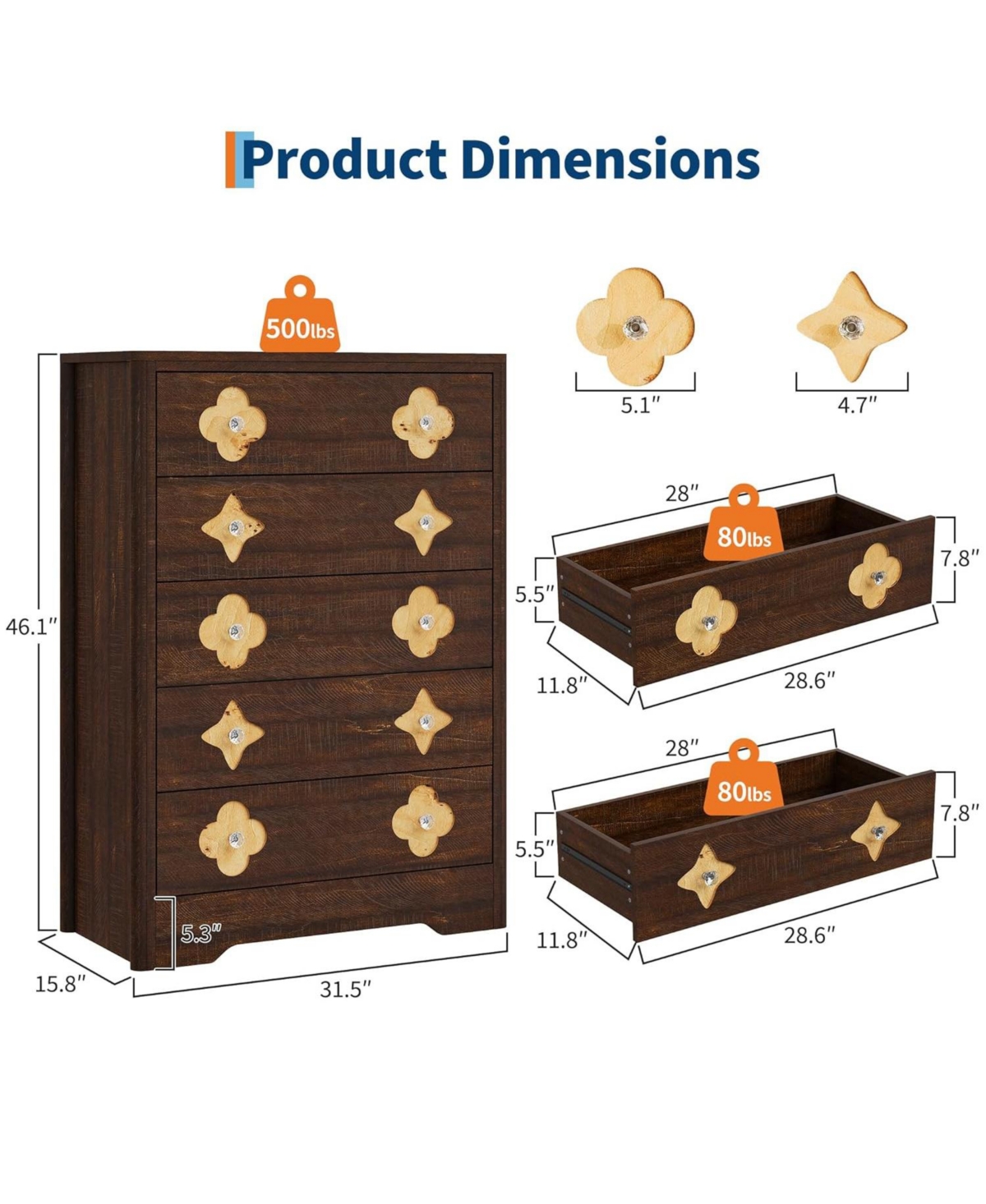 gaomon Rattan 5-Drawer Dresser for Bedroom, 45" Tall Wooden Chest with Large Storage