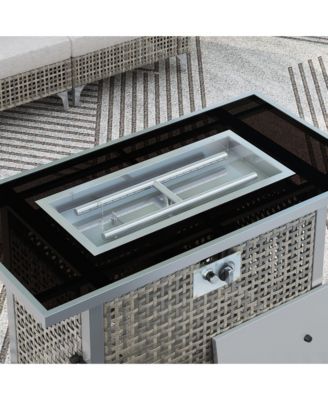 K&K 43 Inch Propane Gas Fire Pit Table 60000 BTU Rectangular Open Weave Wicker with Glass Wind Guard for Outdoor Patio Garden