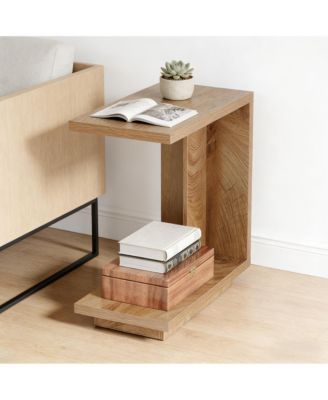 Modern Slatted C-Shaped Bedside Table, Space-Saving Side Table with 2 Open Shelves