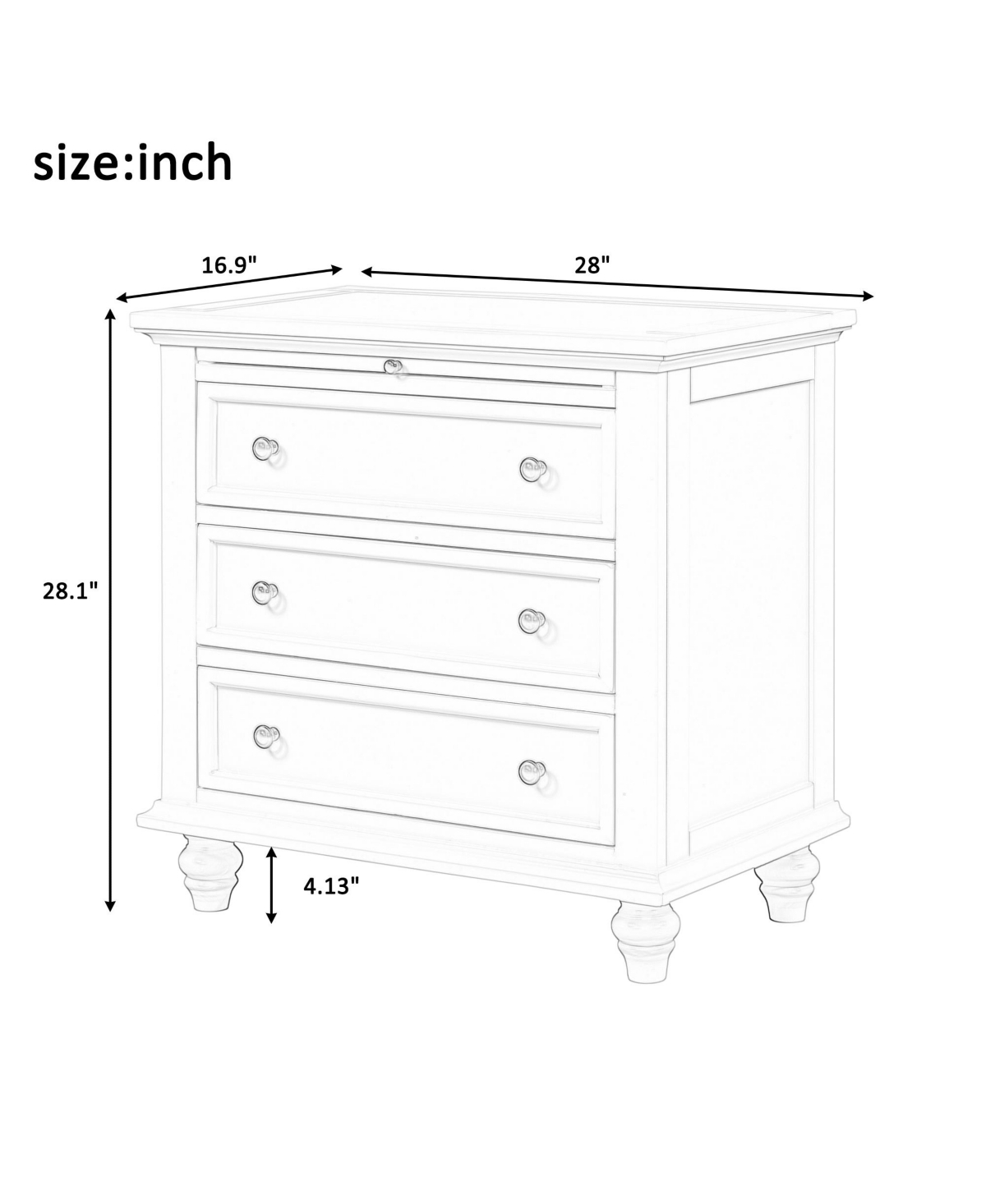 Rainsken 28'' Wood Nightstand, Bedside Cabinet with 3 Storage Drawers and Pull-out Tray
