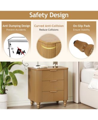 Mid-Century Fluted Nightstand with 3 Storage Drawers, Wood Bedside End Table with Curved Profile & Metal Handle for Bedroom, Living Room