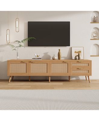 70" Modern TV Stand with Rattan Doors & Storage for Living Room