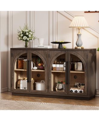 Espresso 4-Door Large Storage Sideboard Buffet Cabinet with Glass Doors