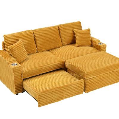 80 Inch Corduroy Sleeper Sofa Bed with Storage Ottoman, Pull-Out Convertible Couch for Living Room or Guest Room