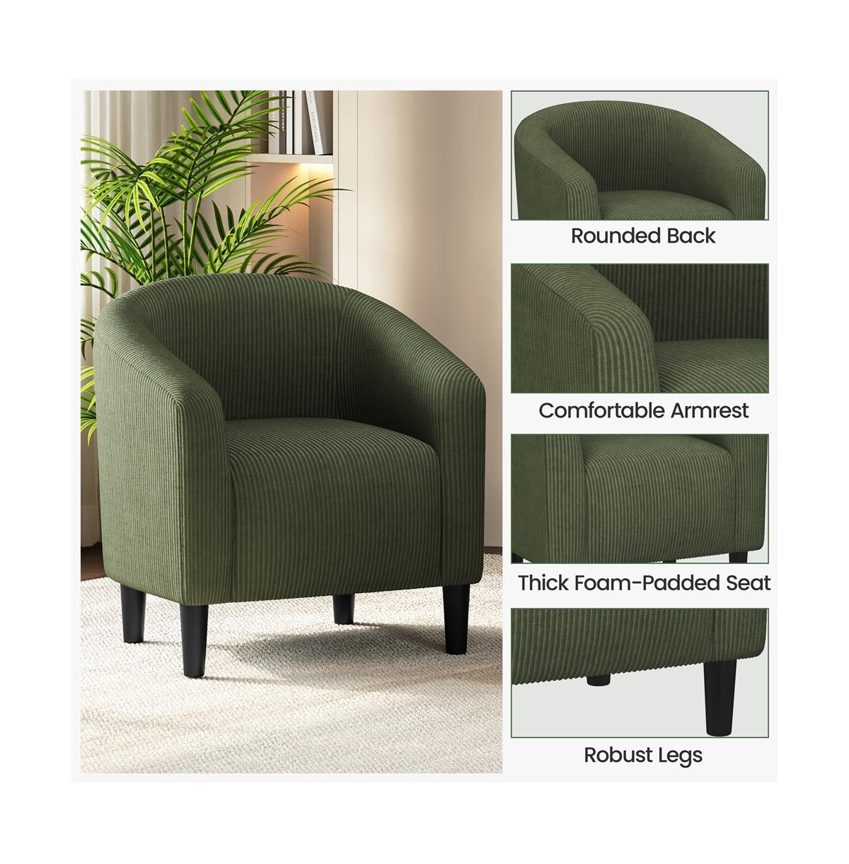 Yaheetech Corduroy Fabric Upholstered Accent Barrel Chair, Dark Green