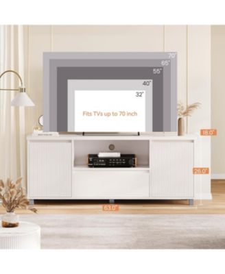 Fluted TV Stand, White Entertainment Center for 60/65/70 Inch TVs, Modern Console With Drawer and 2 Cabinets, Media Cabinet