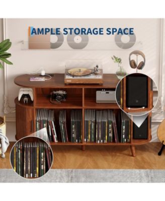 55" Fluted Mid-Century Modern Turntable Cabinet with Vinyl Storage & Round Record Stand