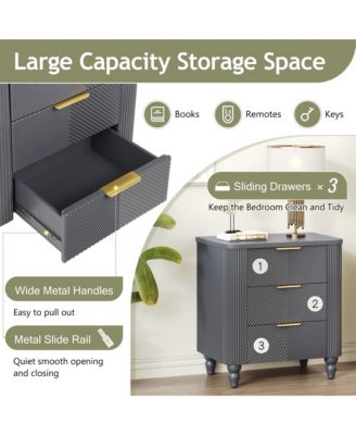 Mid-Century Fluted Nightstand with 3 Storage Drawers, Wood Bedside End Table with Curved Profile & Metal Handle for Bedroom, Living Room