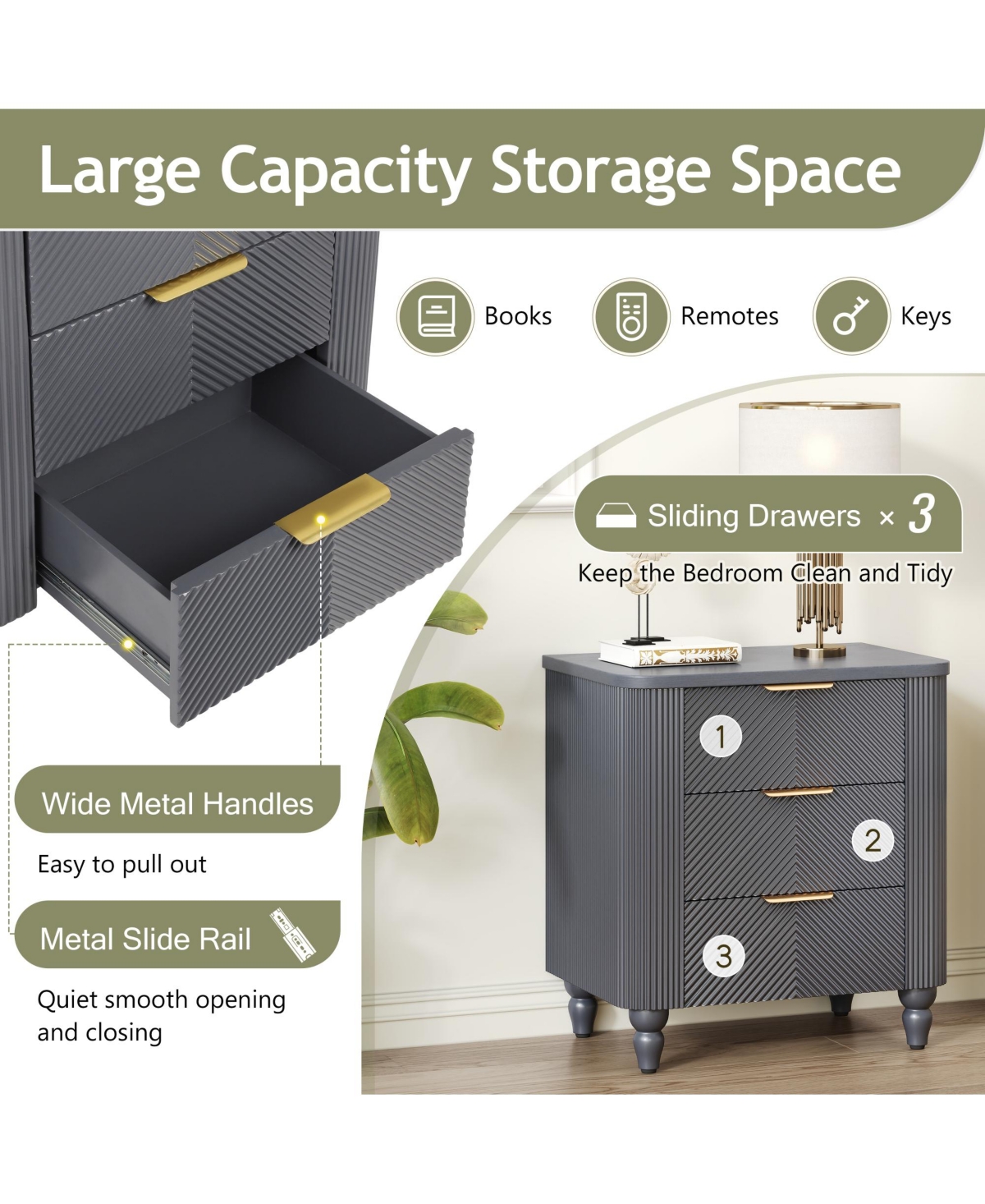 Rainsken Mid-Century Fluted Nightstand with 3 Storage Drawers, Wood Bedside End Table with Curved Profile & Metal Handle for Bedroom