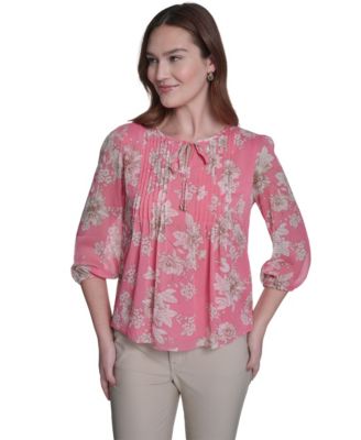 Women's Floral Pintuck V-Neck Blouse