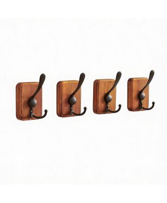 4 Pack Rustic Iron Hooks, Heavy Duty, Adhesive & Drill, Brown