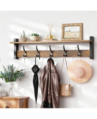 5-Hook Wall Rack with Shelf, Vintage Brown, Space-Saving, Easy DIY