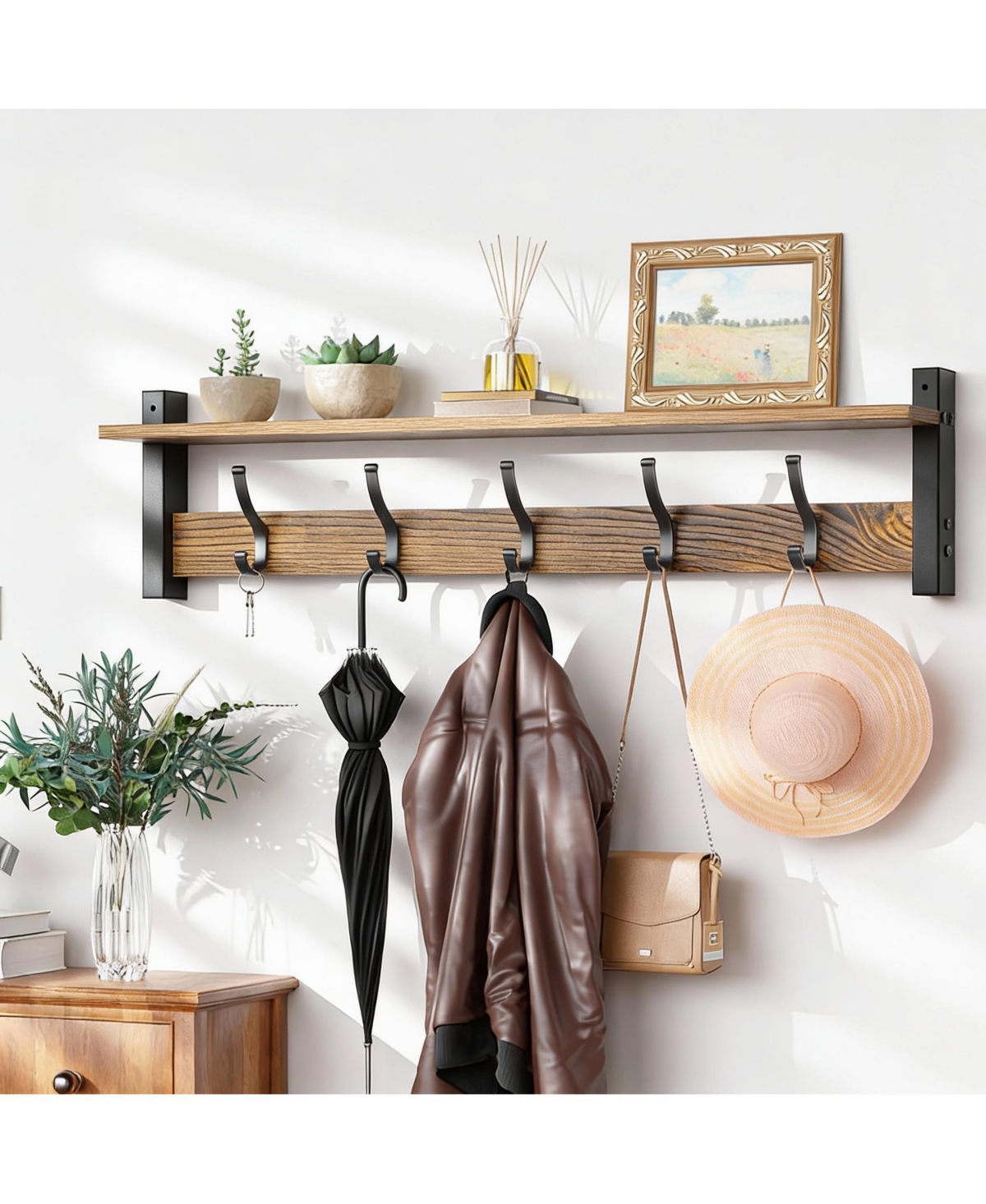 Yigii 5-Hook Wall Rack with Shelf, Vintage Brown, Space-Saving, Easy Diy