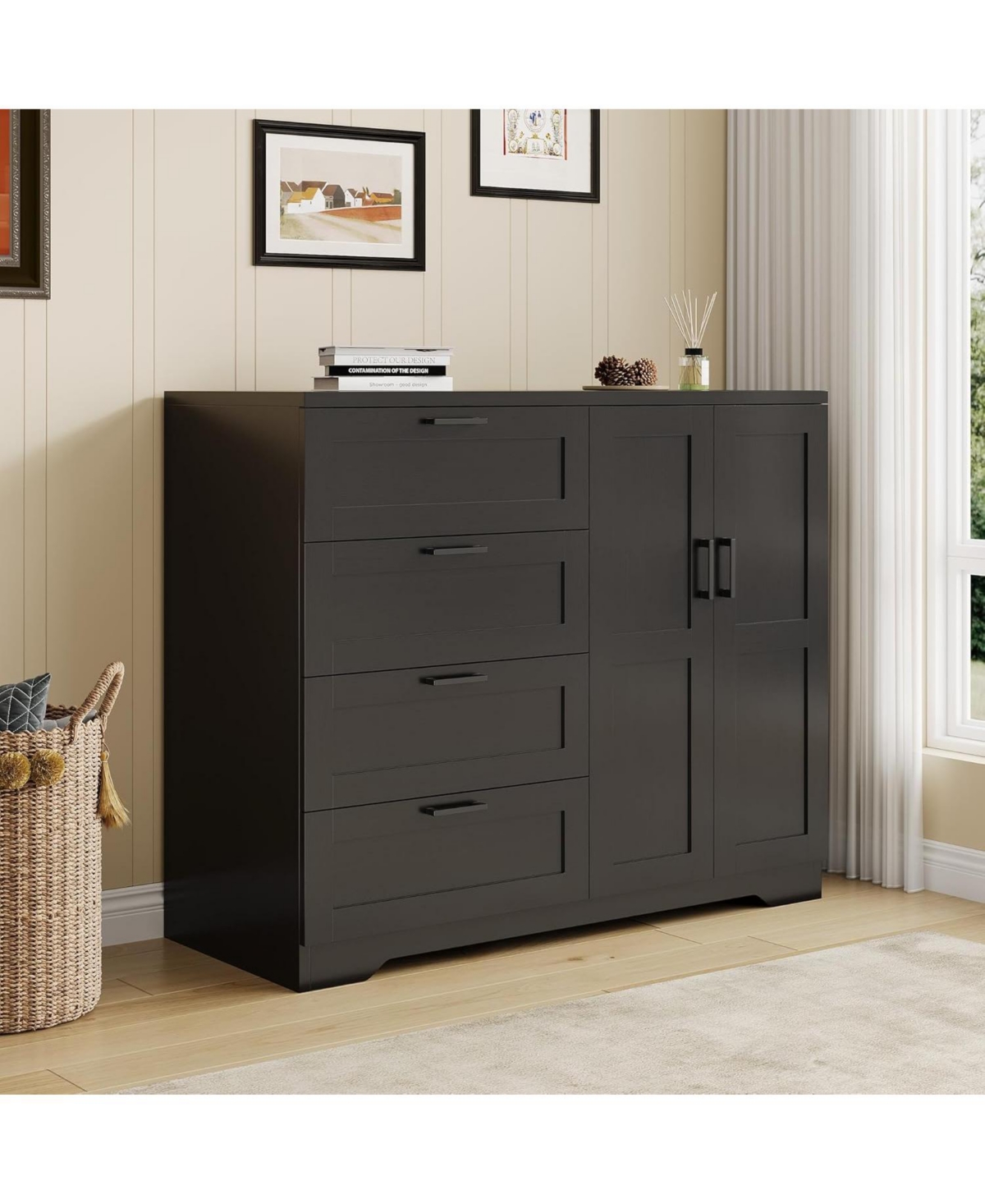 gaomon Multifunctional Wooden Dresser for Bedroom, 43.3 H 2 Door Wardrobe Armoire Closet with 4 Drawers and Hanging Rod, Low Storage Cabinet