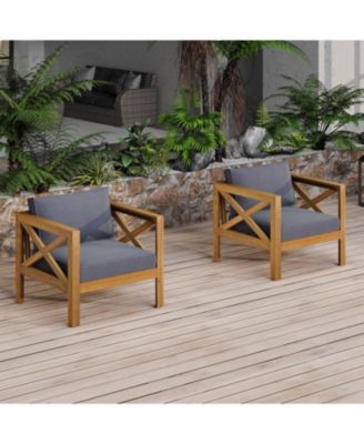 2 Piece Outdoor Acacia Wood Club Armchair Set Teak Finish with Dark Grey Cushions Conversation Set