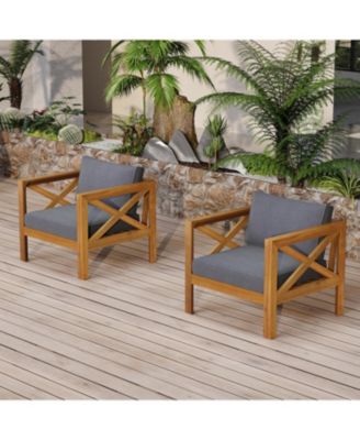 2 Piece Outdoor Acacia Wood Club Armchair Set Teak Finish with Dark Grey Cushions Conversation Set