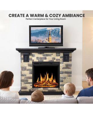 50" Electric Fireplace TV Stand, Fireplace with Faux Stone-Look Mantel , 750/1500W Dual Heat Settings