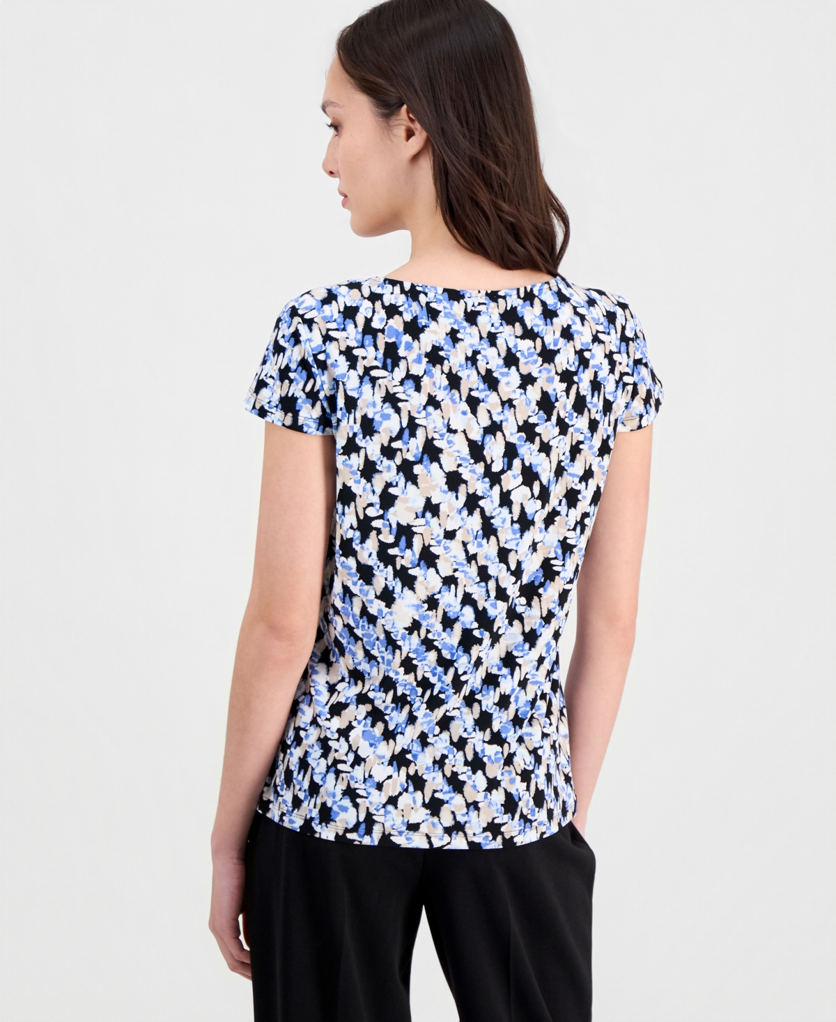 Anne Klein Essentials Petite Printed Keyhole Cap-Sleeve Top