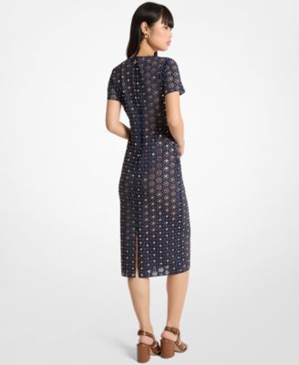 Women's Laser Cut Mirror Crew Neck Midi Dress