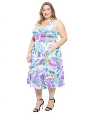 Plus Size Abstract V-Neck Pleated Pocket Midi Dress