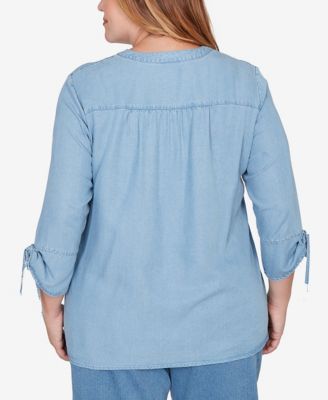 Plus Size Austin Floral Embroidered Tie Sleeve Henley Top