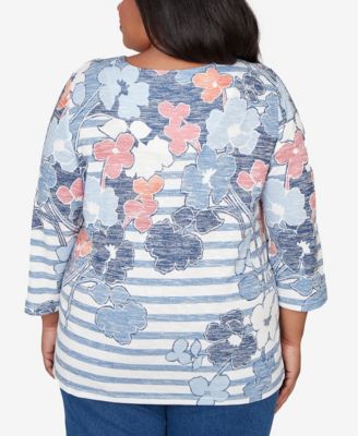 Plus Size Austin Stripe Floral Split Neck Knit Top