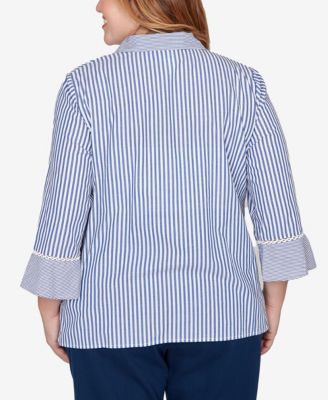 Plus Size Mykonos Mixed Stripe Button front closure Lace Trim Top