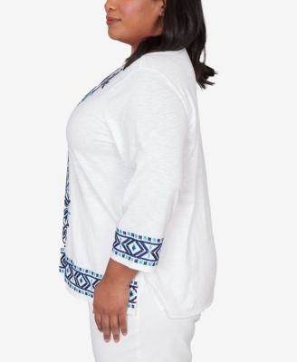 Plus Size Mykonos Scroll Embroidered V Neck Top