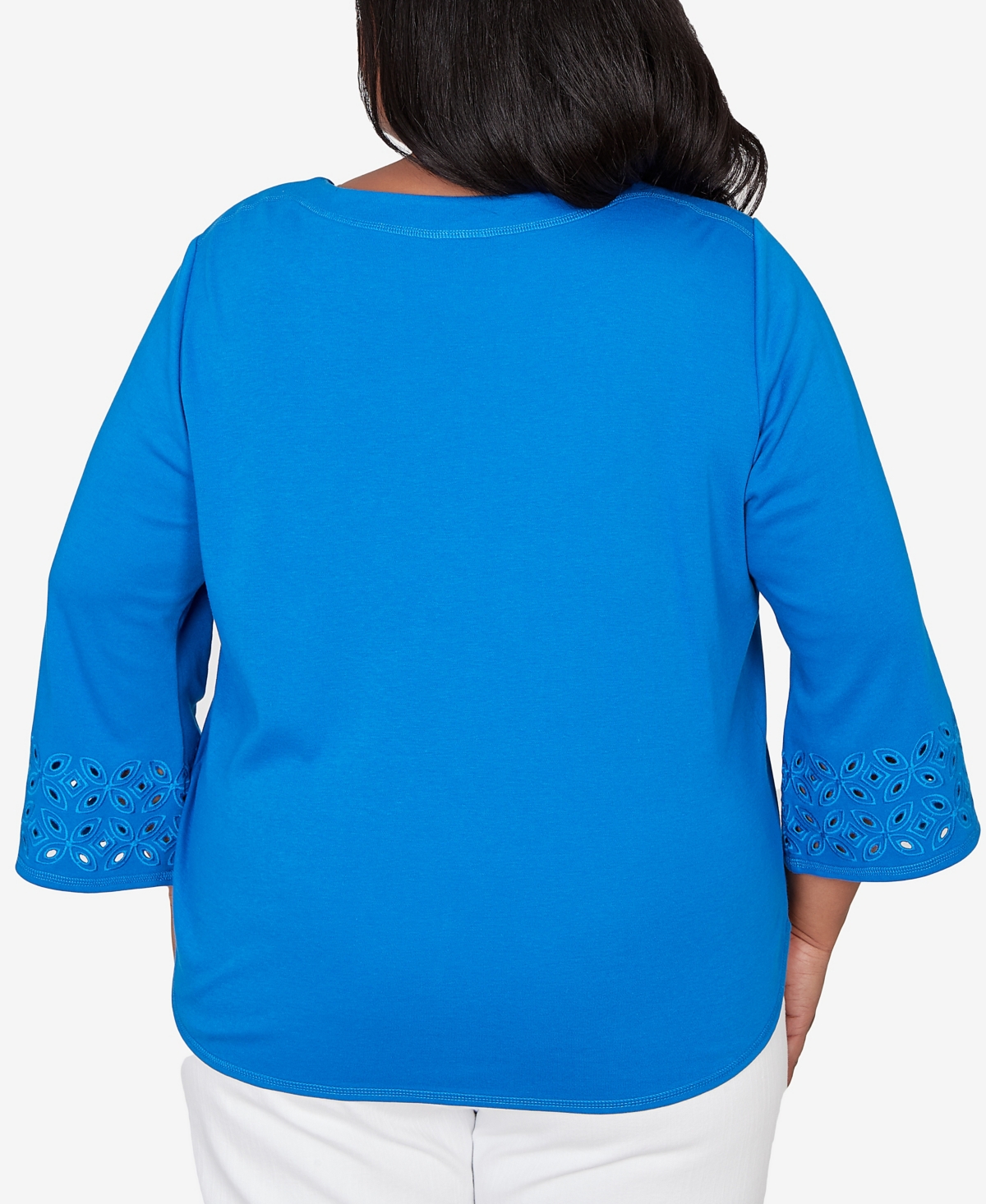 Alfred Dunner Plus Mykonos Eyelet Sleeve Solid Top with Necklace