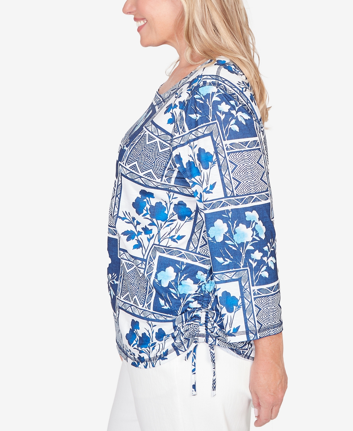 Alfred Dunner Plus Mykonos Framed Floral Ruched Side Tie Top