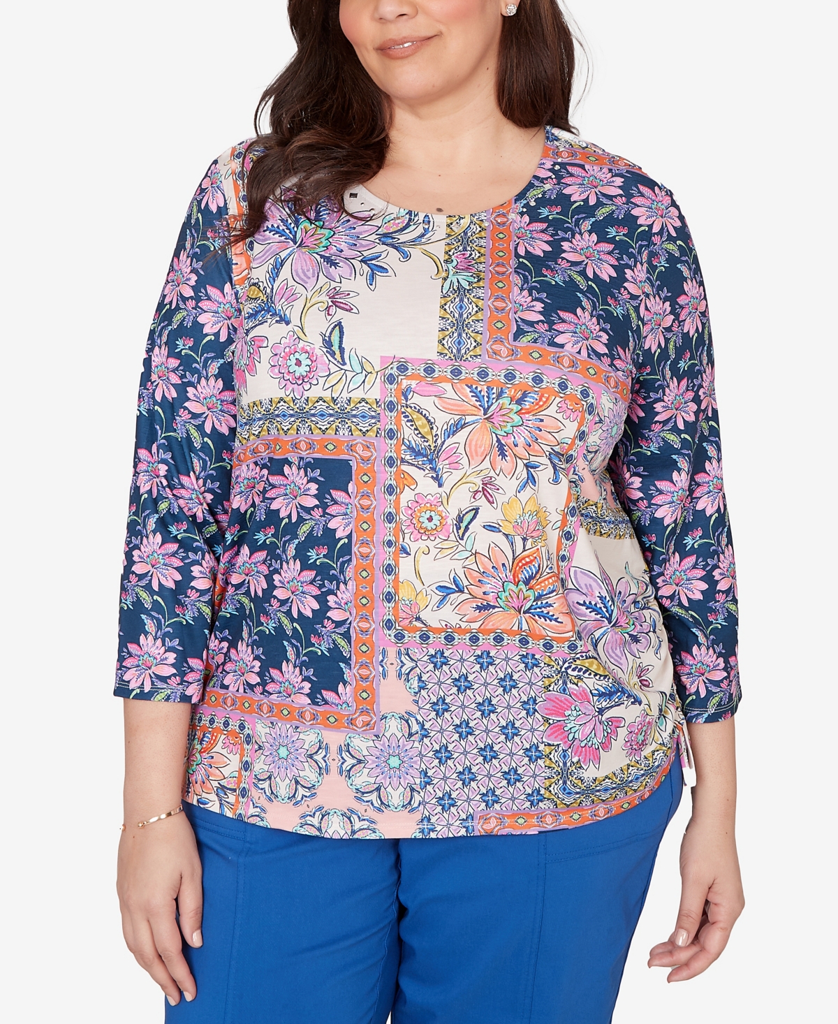 Alfred Dunner Plus Size The Royal Treatment Geometric Floral Tie Ruched Top - Blue Multi