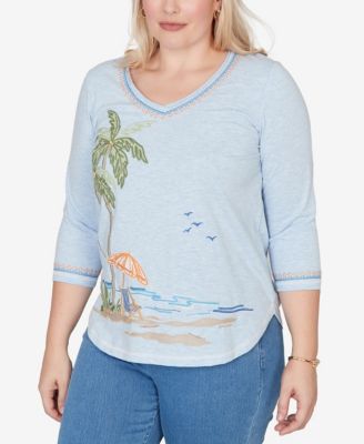 Plus Size Beachcomber Scenic Palm Tree Embroidered Top