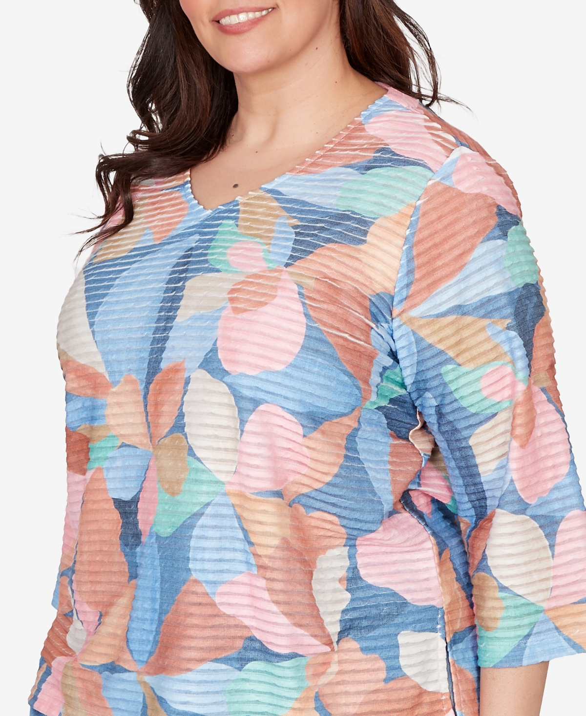 Alfred Dunner Plus Beachcomber Abstract Floral V Neck Top