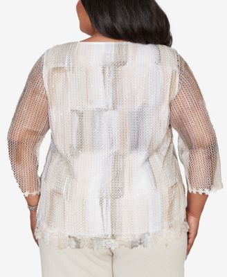 Plus Size Natural Wonder Neutral Brushstrokes Mesh Top