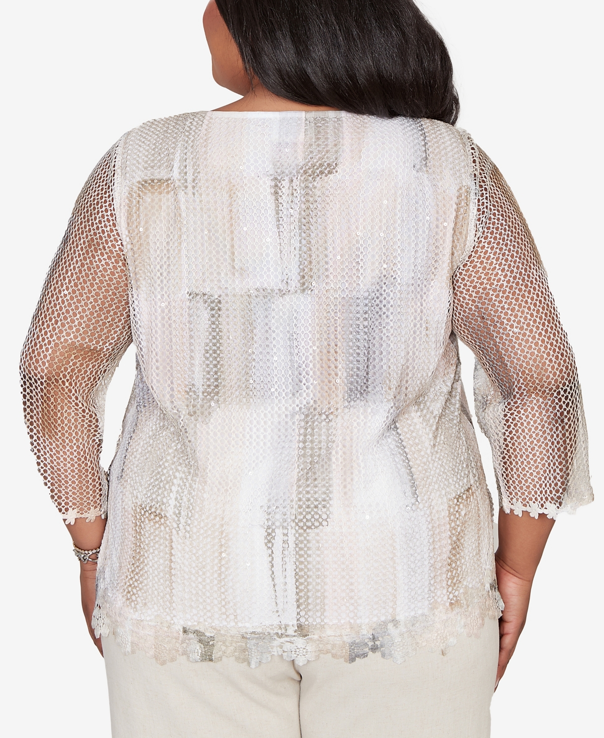 Alfred Dunner Plus Natural Wonder Neutral Brushstrokes Mesh Top