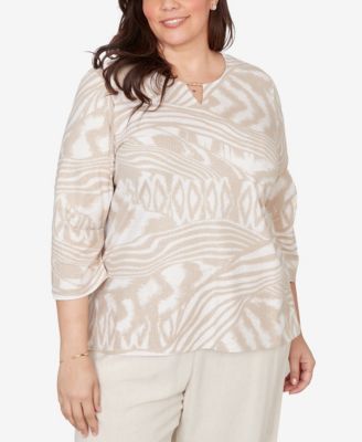 Plus Size Natural Wonder Animal Print Split Neck Beaded Top