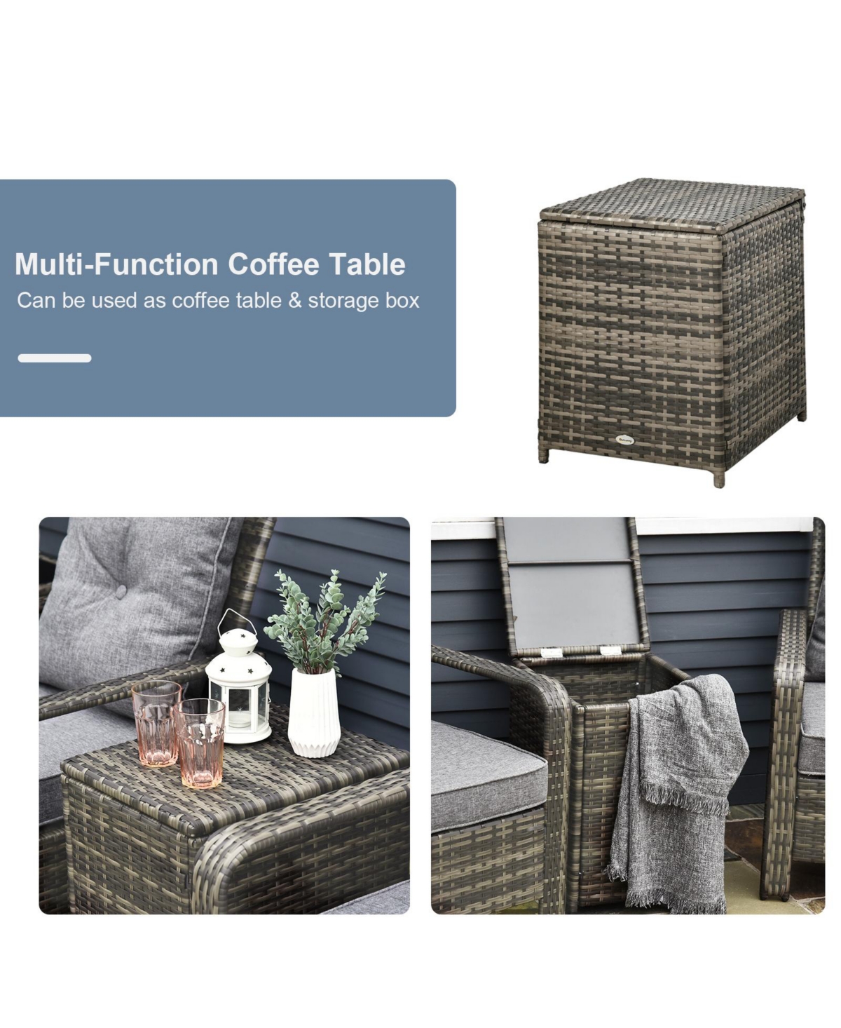 Outsunny 3 Piece Patio Furniture, Pe Wicker Storage Table & Chairs,