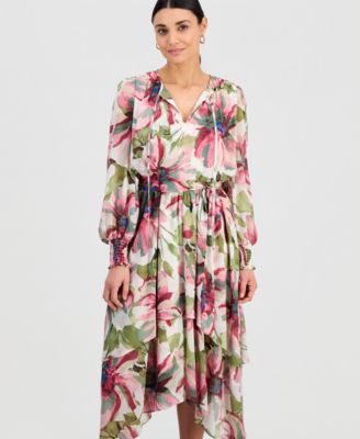 Petite Bubble-Sleeve Tie-Waist Tiered Dress