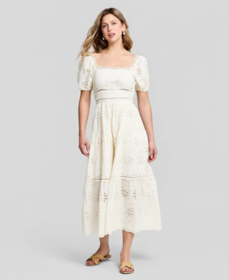 Petite Puff-Sleeve Embroidered Dress - Calla Lily