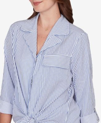 Petite Snap Front Tie Hem Pucker Stripe Top
