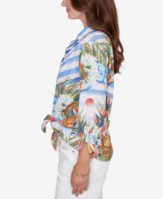 Petite Picnic Print Poplin Tied Snap Front Top