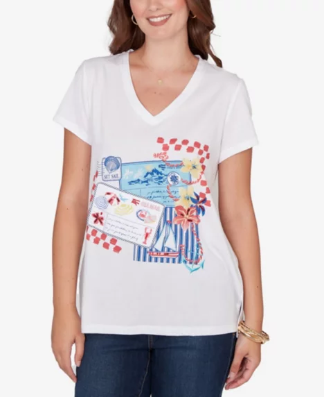 Petite Embellished Postcard Graphic T-Shirt - White Multi