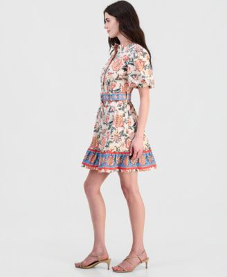 Women's Poplin Short-Sleeve Belted Border-Print Mini Dress