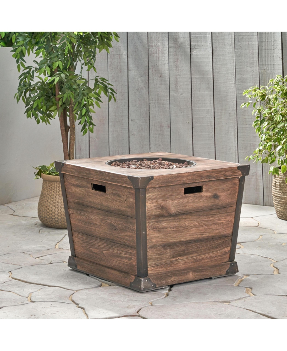 Flynama 32 Inch W 24 Inch H Square Concrete Gas Fire Pit Brown Wood Pattern 40000 Btu Tank Inside