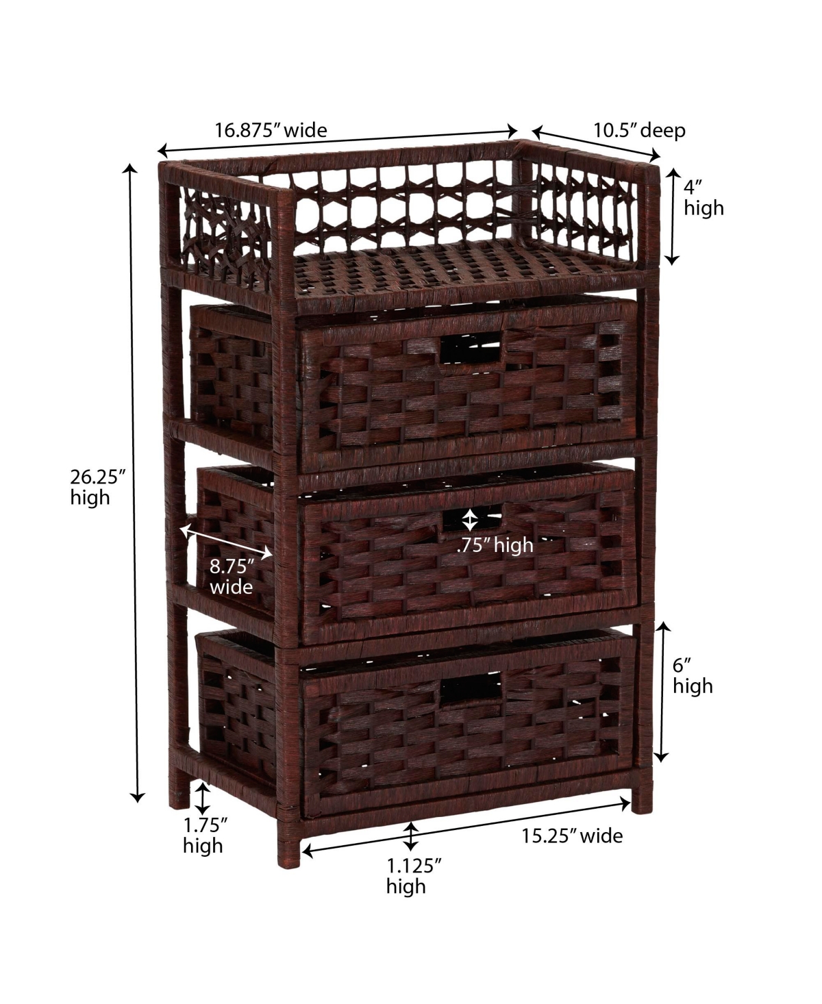 Household Essentials Woven 3 Drawer Chest with Cutout Handles, Paper Rope Stained