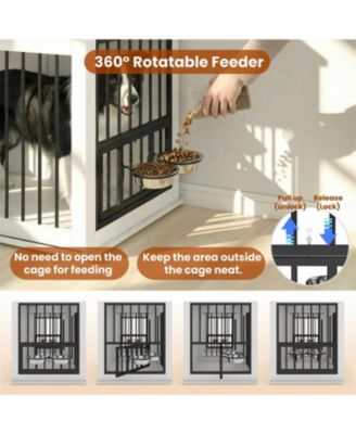 71" Double Dog Crate Furniture with Walnut Top, 3 Drawers, Outlet & Feeders