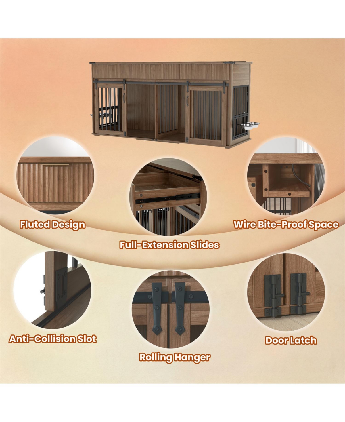 Aostirmotor 71" Double Dog Crate Furniture with Walnut Top, 3 Drawers, Outlet & Feeders